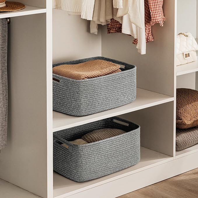 UBBCARE 2 Pack Storage Baskets for Shelves, Large Woven Storage Baskets, Dog Toy Bins, Baskets for Organizing Clothes, Towels, Books, Blanket, 17"L x 13"W x 7.5"H, Grey