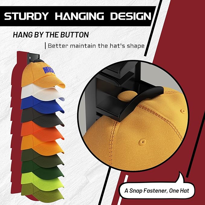 Hat Organizer Hold up to 10 Hats, Hat Rack for Wall with Strong Adhesive, Hat Organizer for Baseball Caps Display for Door Closet, Hat Hanger Holder Storage Multilayer Two Mounting Option(Black)
