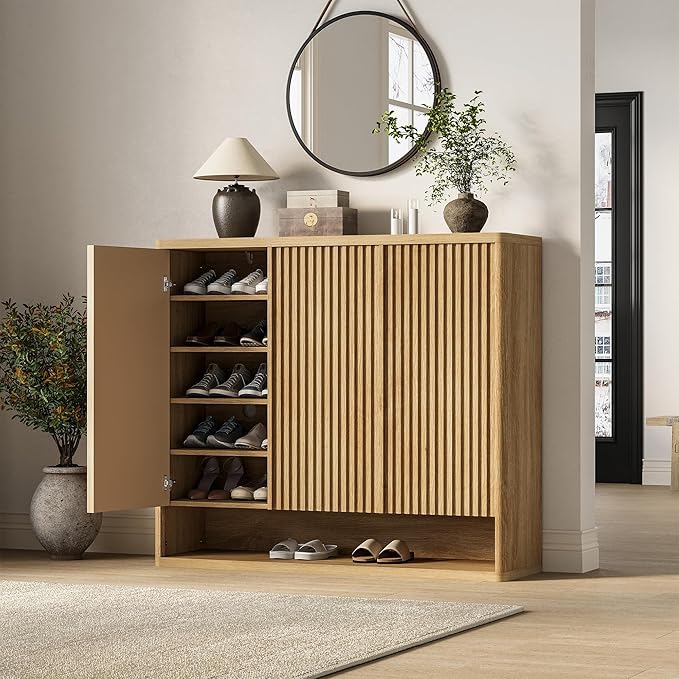 Modern Entryway Shoe Storage Cabinet – 46 Inch Wooden Organizer with Adjustable Shelves, Fluted Door, Holds 30-35 Pairs, Space-Saving Hallway Furniture, Natural Wood Color