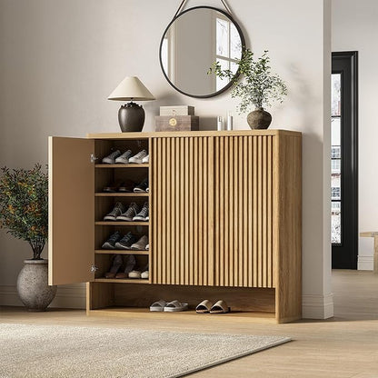 Modern Entryway Shoe Storage Cabinet – 46 Inch Wooden Organizer with Adjustable Shelves, Fluted Door, Holds 30-35 Pairs, Space-Saving Hallway Furniture, Natural Wood Color