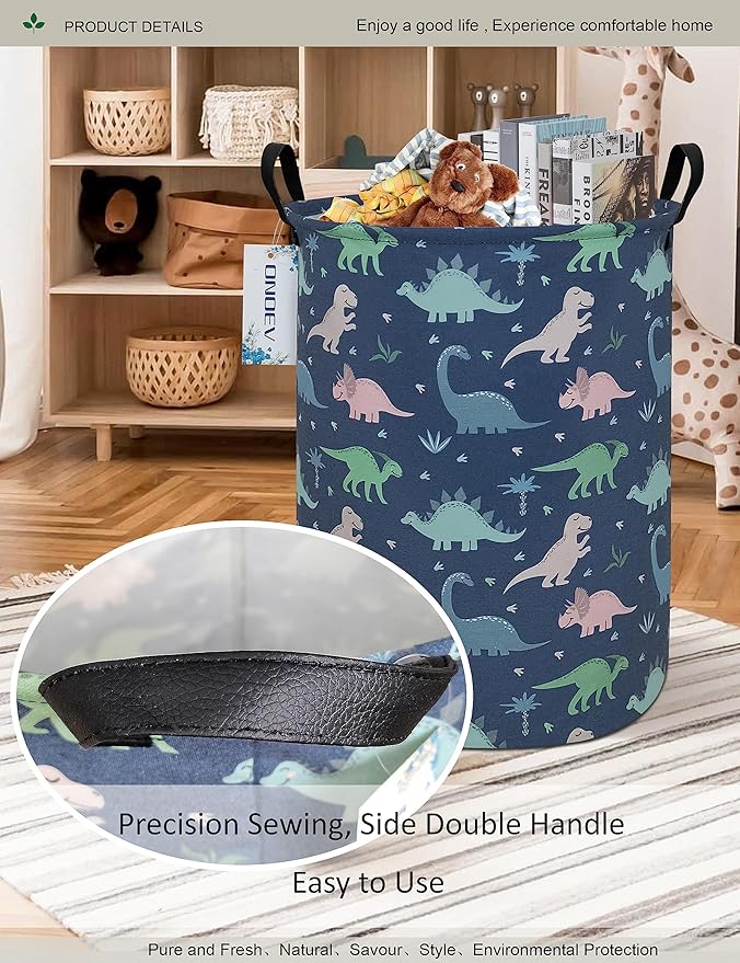 Round Waterproof Laundry Basket,Foldable Storage Basket,Laundry Hampers with Handle,Gift Basket,Suitable for Children's Room and Toy Storage (Blue Dinosaur)