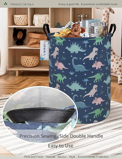 Round Waterproof Laundry Basket,Foldable Storage Basket,Laundry Hampers with Handle,Gift Basket,Suitable for Children's Room and Toy Storage (Blue Dinosaur)
