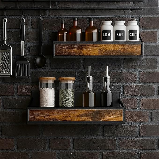 Wall Mount Spice Rack Large capacity Extra Wide,2 Pack Ironwood Spice Organizer shelf for Rustic, Industrial and Modern Kitchens,Quick Adhesive Strips and Screws for Mounting (Engineered Wood)