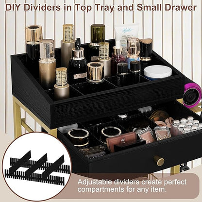Makeup Organizer Cart with 3 Drawers, Rolling Vanity Organizer with Detachable Hair Tool Holder & Wheels, Floor Makeup Storage Cart for Skincare, Perfume, Nail Polish, Gold & Black