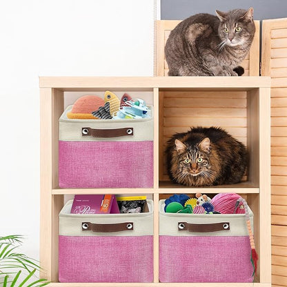 Simple Houseware 15" x 11" Large Fabric Storage Bin for Closet and Shelves, Leather Like Handles, 3 Pack, Pink