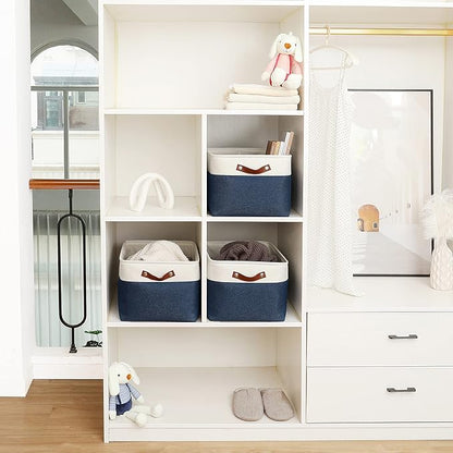 OrganiHaus 16x12.5in Canvas Storage Baskets 3 Pack | EXTRA LARGE Fabric Bins for Shelves | Linen Closet Organizer | Navy Blue/Off-White