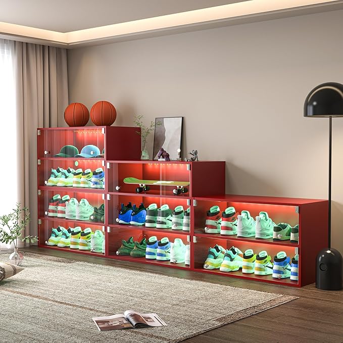 LED Wooden Shoe Box With Glass Door, Storage Organizer With RGB Light for Up to 6 Pairs, Display Bin for Sneakers (Red, 2 Layers)