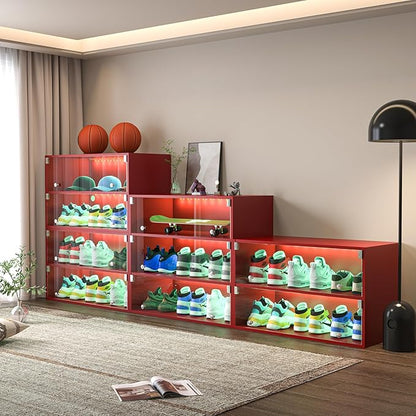 LED Wooden Shoe Box With Glass Door, Storage Organizer With RGB Light for Up to 6 Pairs, Display Bin for Sneakers (Red, 2 Layers)