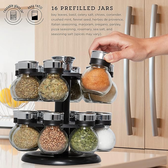 Kamenstein 16 Jar Ellington Revolving Countertop Spice Rack with Lift & Pour Caps and Spices Included, FREE Spice Refills for 5 Years: Black and Chrome