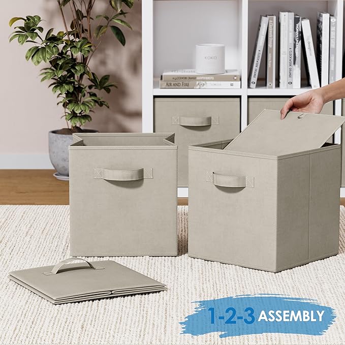 Set of 8 Foldable Fabric Storage Cube Bins | Collapsible Cloth Organizer Baskets Containers | Folding Nursery Closet Drawer | Features Dual Handles | More Beautiful Colors Available (Beige)