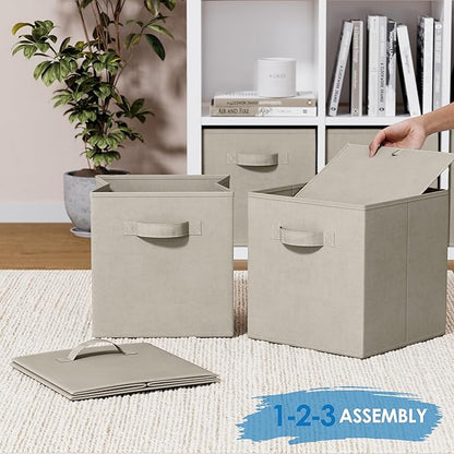 Set of 8 Foldable Fabric Storage Cube Bins | Collapsible Cloth Organizer Baskets Containers | Folding Nursery Closet Drawer | Features Dual Handles | More Beautiful Colors Available (Beige)