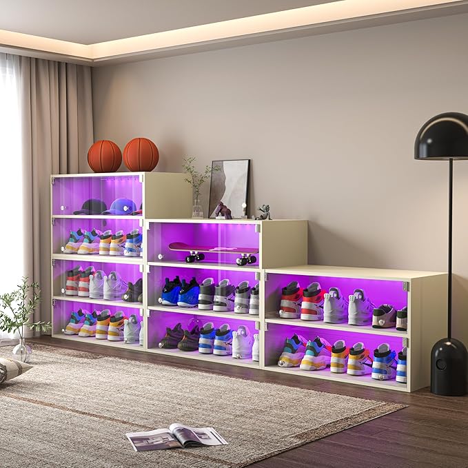 LED Shoe Storage Box, Wooden Box with Glass Door, RGB Led Light Organizer for 6 Pairs, Display Sneakers (White, 2 Layers)