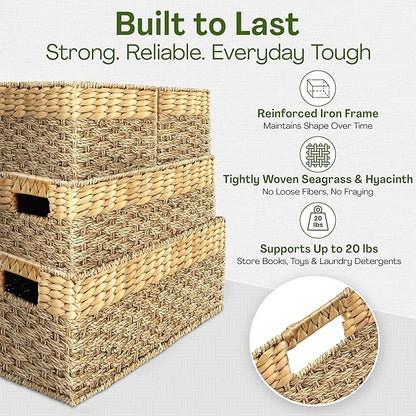 Wicker Basket Set of 4, Natural Seagrass and Hyacinth Nesting Storage Baskets with Handles for Organizing Shelves, Closet, Pantry, Living Room, Decorative Wicker Storage Baskets, 4 Pack