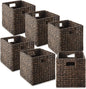 Casafield 10.5" x 10.5" Water Hyacinth Storage Baskets, Espresso - Set of 6 Collapsible Cube Organizers, Woven Bins for Bathroom, Bedroom, Laundry, Pantry, Shelves