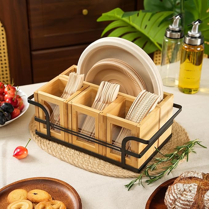 Silverware Caddy Wood Utensil Holder Silverware Utensil Caddy Cutlery Flatware Paper Plate Dispenser Organizer for Spoons Forks Plates Napkins (Acrylic)