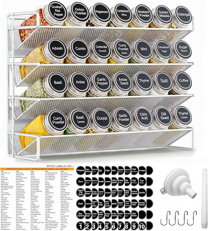 UVIAHOMI Magnetic Spice Rack Organizer for Refrigerator with 28 Spice Jars, 386 Spice Labels, 4 Hook, Chalk Marker and Funnel Set, Magnetic Shelf for Seasoning Organizer, 13.2'' W x 9.8 H, White