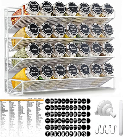 UVIAHOMI Magnetic Spice Rack Organizer for Refrigerator with 28 Spice Jars, 386 Spice Labels, 4 Hook, Chalk Marker and Funnel Set, Magnetic Shelf for Seasoning Organizer, 13.2'' W x 9.8 H, White