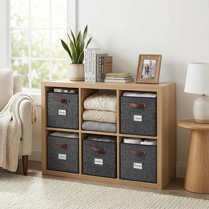 DECOMOMO Storage Bins, Cube Storage Bin with Labels, Fabric Storage Cubes for Shelves (10.5" x 11" / 6pcs, Black Pattern)