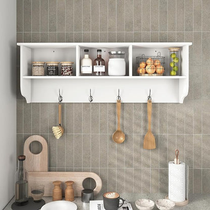 Wall Mounted Coat Rack with 4 Hooks & 3 Shelves, White MDF Entryway Storage, 38.6" Long, Easy Installation