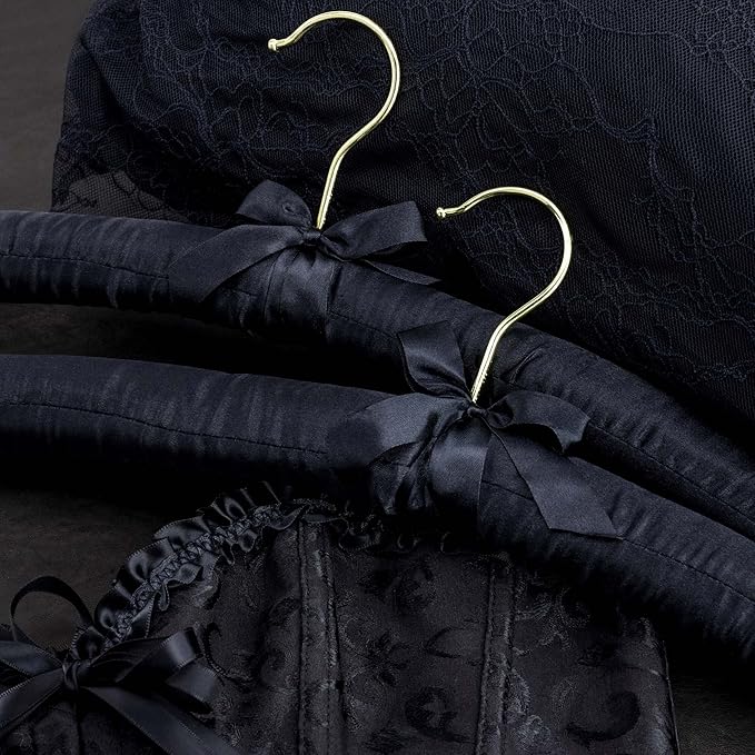 HANGERWORLD 5 Black 17inch Classic Satin Padded Hangers for Wedding Dress Non-Slip with Gilt Hook