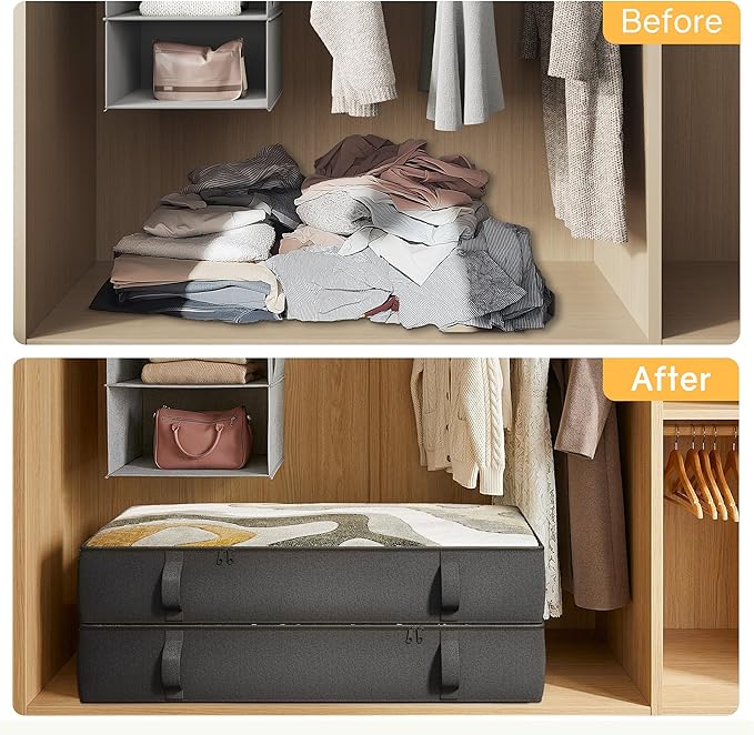 TidyCorner 2-Pack Under Bed Storage Containers, 8 Inches Tall Underbed Clothes Storage Organizer Bin with Sturdy Sidewalls/Bottom, Under the Bed Storage Bags 2 Storage Bins, Black