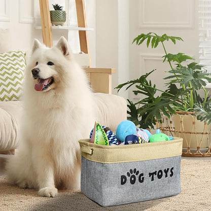 PET ARTIST Dog Toy Basket, Collapsible Dog Toy Bin Box with Comfortable Handles, Large Pet Toy Storage Basket Organizer for Accessories, Toys,Coat & Clothing,Blanket Leash (Gray, M:15"x11"x9")