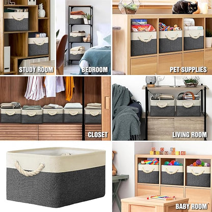 Simple Houseware 15.7" x 12" Wide & Low Fabric Storage Bin for Shallow Gaps and Closet, Braided Handles, 3 Pack, Dark Gray
