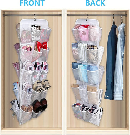 MISSLO 30 Large Pockets Dual Sided Hanging Baby Shoe Organizer for Closet with Rotating Hanger Hanging Shoe Shelves, White
