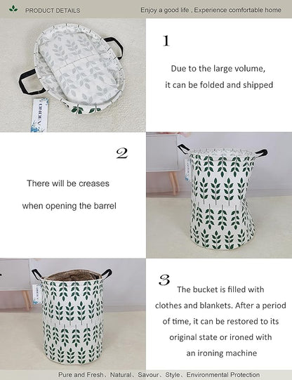 Round Waterproof Laundry Basket,Foldable Storage Basket,Laundry Hampers with Handle,Gift Basket,Suitable For Children's Room and Toy Storage (Leaf)