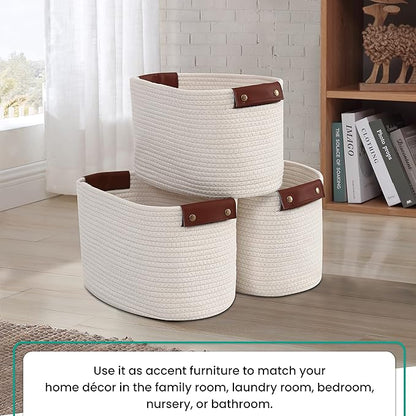 3 Pack Cotton Rope Storage Basket Woven Shelf Storage Bin with Faux Leather Handles, Decorative Closet Shelf Woven Basket for Storage Organizers, 15 x 10 x 9, Cream