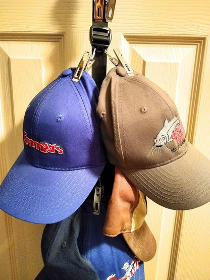 Premium 20 Baseball Cap Over the Door Organizer, Single Strap 20 clips Holds 20 hats, scarfs, plush animals, T-Shirts