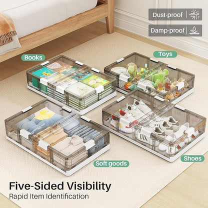 Kitstorack 2 Pack Plastic Under Bed Storage Bins with Lids and 8 Pre-installed Wheels,Rolling Low Rrofile Under bed Containers Box for Clothes Shoes, 37.8 Qt, Long, Clear, Flat, Large