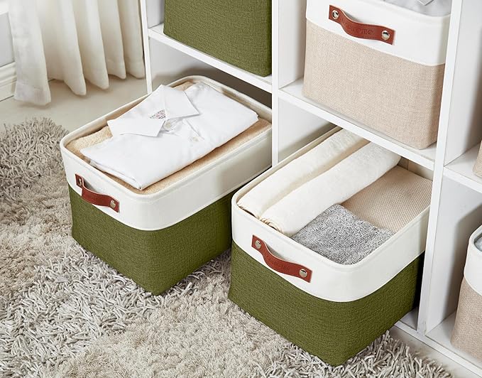 DECOMOMO Storage Bins, Large Fabric Storage Baskets for Shelves, Decorative Linen Closet Organizer, 15 x 11 x 9.5 inches (Olive Green & White, 3 Pack)