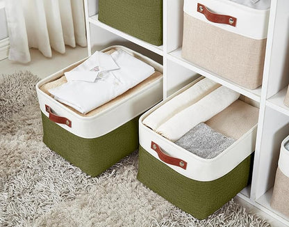 DECOMOMO Storage Bins, Large Fabric Storage Baskets for Shelves, Decorative Linen Closet Organizer, 15 x 11 x 9.5 inches (Olive Green & White, 3 Pack)