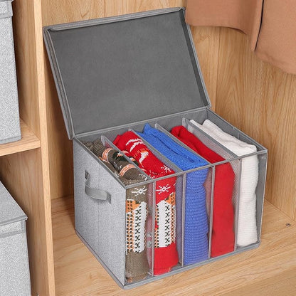 Zilink Upgraded Sweater Storage for Closet Shelf with Lids and Support Boards Clothes Organizer for Closet with 5 Grids Divider Sweater Organizers for Sweaters, Jeans, Pants, Grey Pattern, 3 Pack