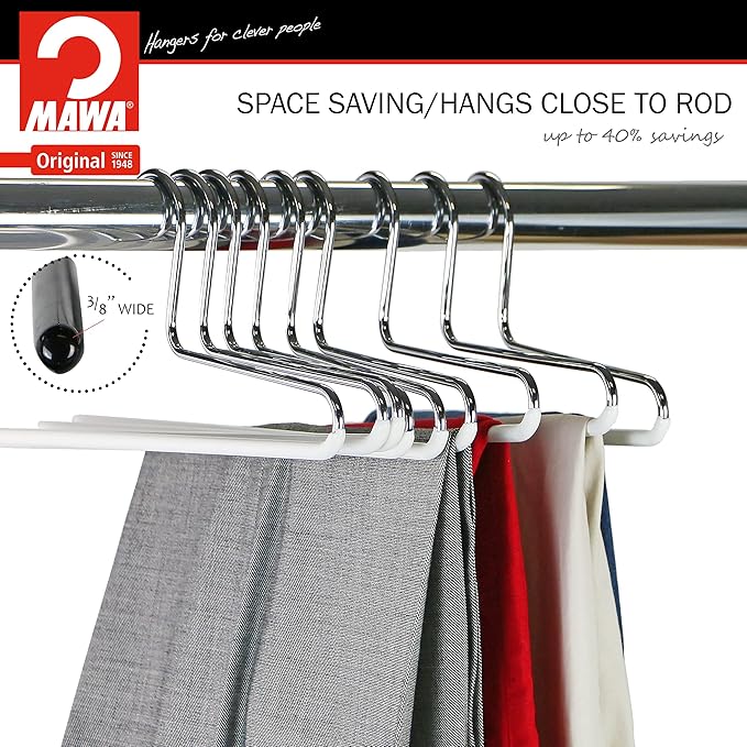 Mawa by Reston Lloyd Trouser Series Non-Slip Space-Saving Clothes Hanger with Single Rod for Pants, Style KH/1, Set of 10, White
