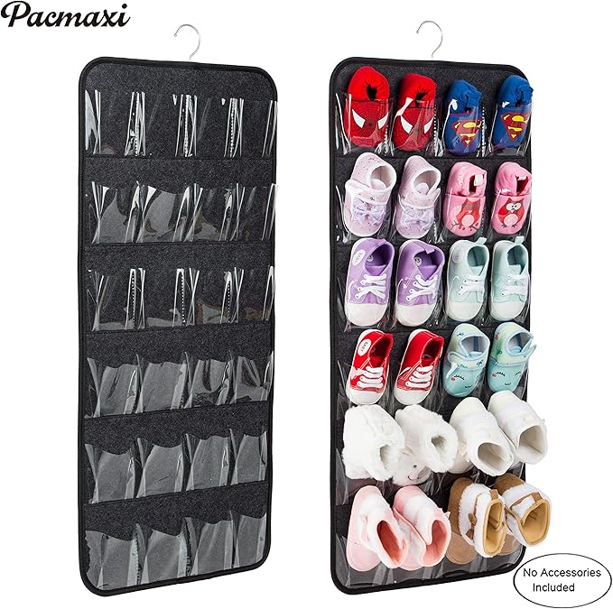 PACMAXI Over The Door Shoes Organizer for 12 Pairs of Baby Shoes Boys Girl, Hanging Baby Sole Shoe Organizer with Hanger(Felt Material-Black)