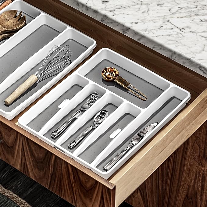 madesmart 3 Compartment Utensil Tray, Multi Purpose Storage Organizer, Non Slip Lining,Deep Storage for Ladles, Whisks & Serving Tools, for Drawers & Home Organization, White (Pack of 3)