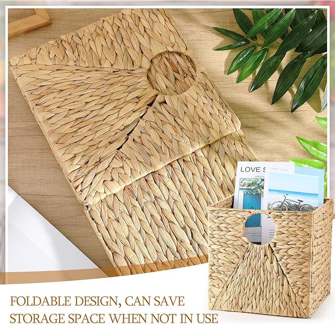 Jinei 6 Pcs Wicker Storage Basket Bulk 12 x 12 x 12 Inch Handwoven Water Hyacinth Cube Bin with Handles Woven Laundry for Organizer Shelves Wood Color
