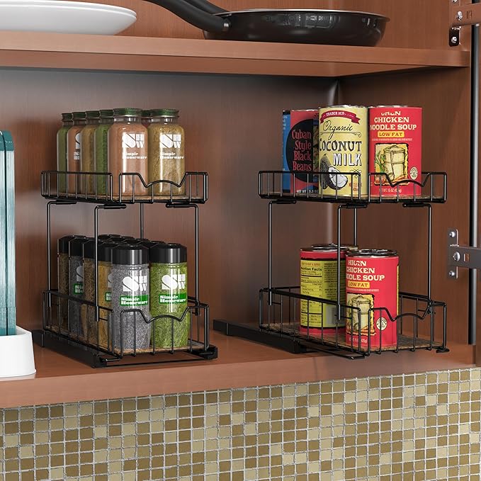 Simple Houseware 2-Tier Spice Rack Slide Out Wire Basket Drawer Organizer, Black
