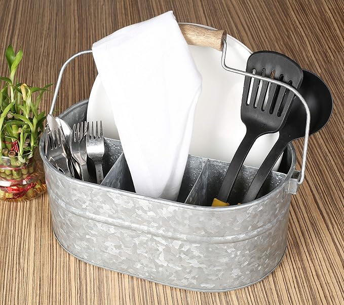 CLEENTABLE Galvanized Heavy Duty Utensil Holder for Countertop, 4-Compartment Large Cooking Utensil Crocks for Kitchen Counter, Farmhouse Utensil Vase for Housewarming, Kitchen Décor (Silver)