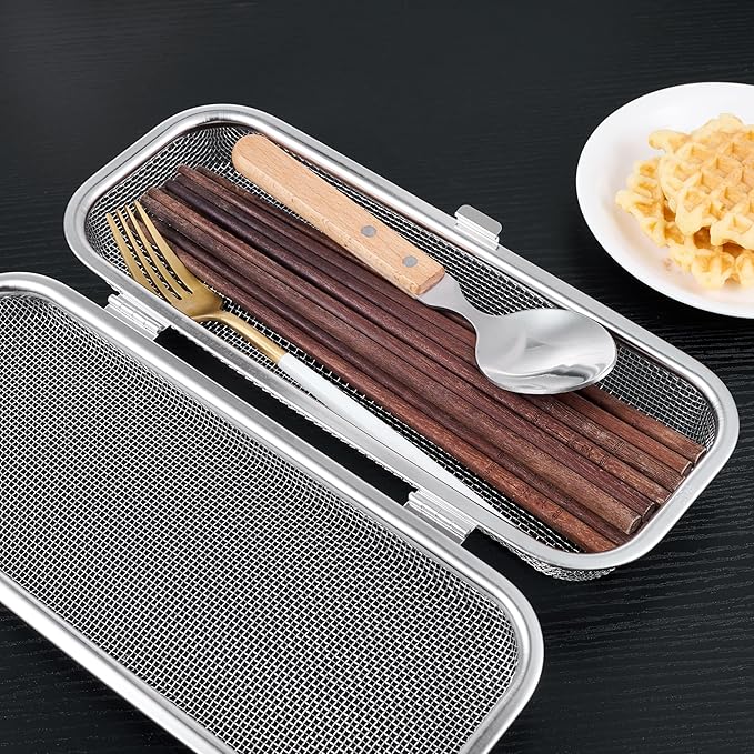 Chopstick Holder for Dishwasher, Kitchen Small utensil organizer for drawer, Mesh 304 Stainless Steel with Lid and Lock, Great accessory for Chopstick or Straw