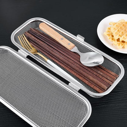 Chopstick Holder for Dishwasher, Kitchen Small utensil organizer for drawer, Mesh 304 Stainless Steel with Lid and Lock, Great accessory for Chopstick or Straw
