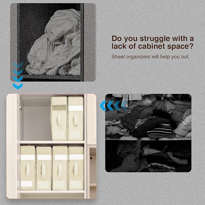 DIMJ Bed Sheet Organizers and Storage 6 Pack - Foldable Sheet Holder for Linen Bedding Storage Box for organization, Sheets Set Holder for Blanke, Towel (King & Queen Size), Beige