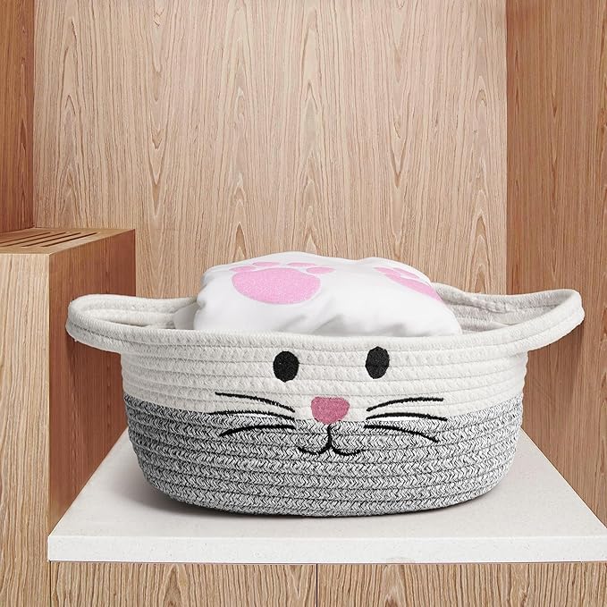 Small Woven Baskets for Organizing Rope with Handle Cute Cotton Basket for Nursery Gift Dog Cat Toy Storage Basket for Toy Organizer-Gray