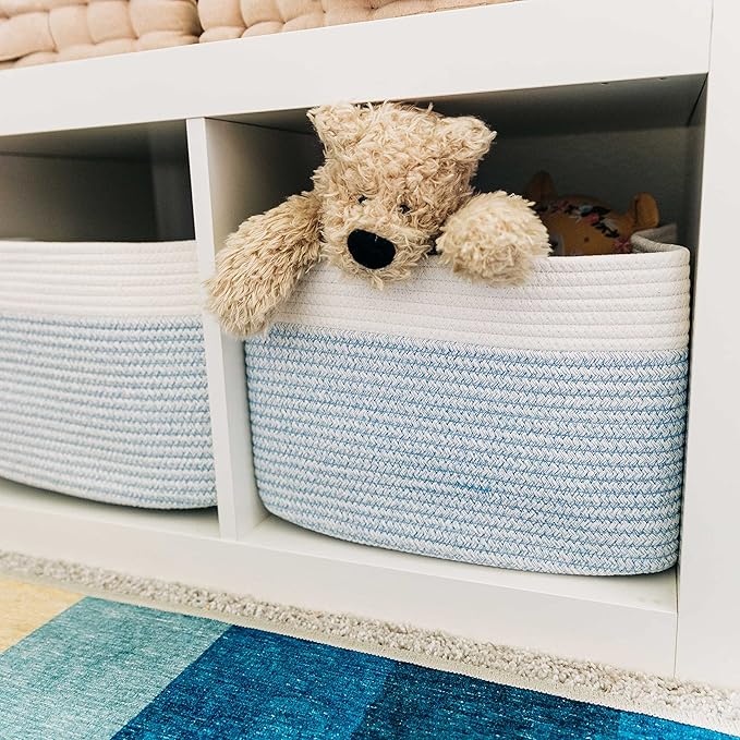 Blue Cotton Rope Baskets for Shelves, Set of 3-15"×10"×9½" - Colorful Storage Baskets for Kids - Nursery, Playroom, Classroom - Toy Storage, Books, Towels