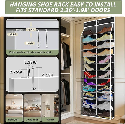 Kotkn 24-Pair Over Door Shoe Organizer for Family & Kids, Double Sided | Hanging Storage for Sneakers, Boots, Toys & Room Organization-Obsidian Black