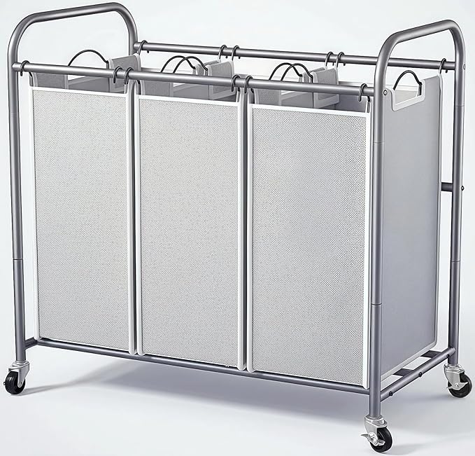 ROMOON Laundry Sorter Hamper 3 Section, Divided Laundry Basket Organizer with Heavy Duty Lockable Wheels and Removable Bags, Rolling Clothes Hamper for Apartment, Dorm & Family (135L Neutral Gray)