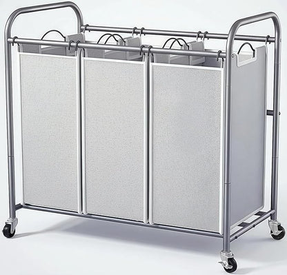ROMOON Laundry Sorter Hamper 3 Section, Divided Laundry Basket Organizer with Heavy Duty Lockable Wheels and Removable Bags, Rolling Clothes Hamper for Apartment, Dorm & Family (135L Neutral Gray)
