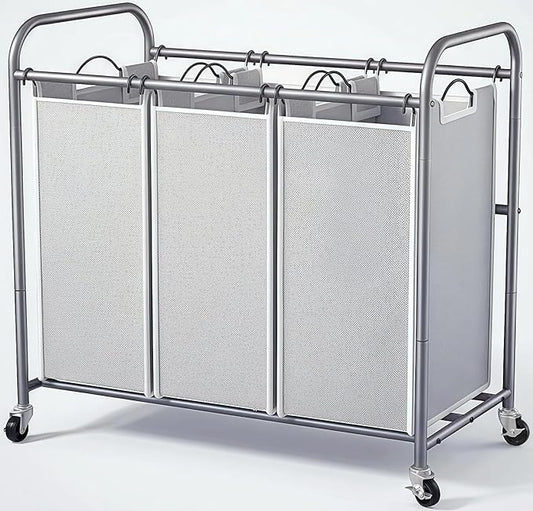 ROMOON Laundry Sorter Hamper 3 Section, Divided Laundry Basket Organizer with Heavy Duty Lockable Wheels and Removable Bags, Rolling Clothes Hamper for Apartment, Dorm & Family (135L Neutral Gray)